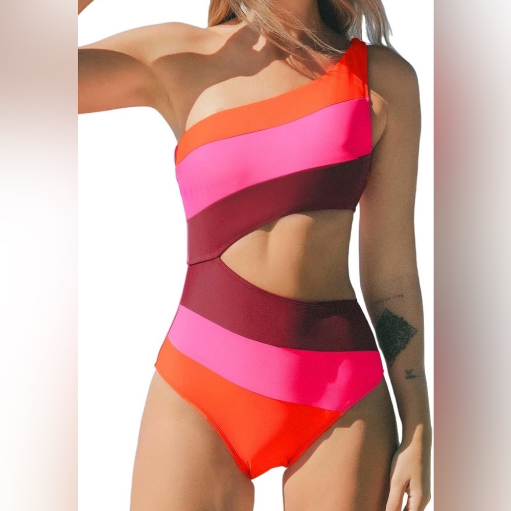 CUPSHE Women One Piece Swimsuit One Shoulder Cutout Color Block small dd4